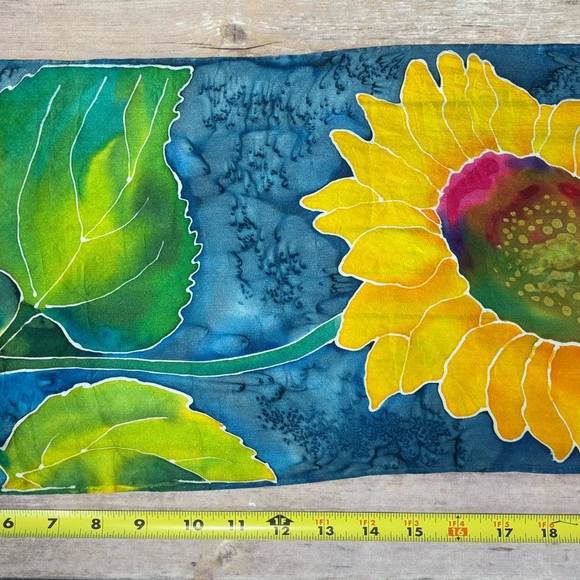 Vibrant Handmade 100% Silk Sunflower Scarf 56” x 10” - Picture 3 of 7
